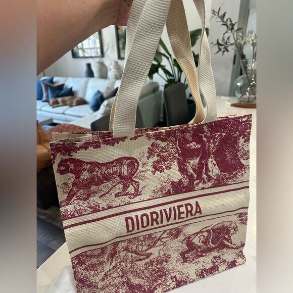 Christian Dior Red and Cream Dior Riviera Straw Tote Bag - Picture 4 of 6